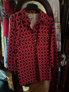 Elizabeth McKay Coral and Navy Geometric Shirt Dress